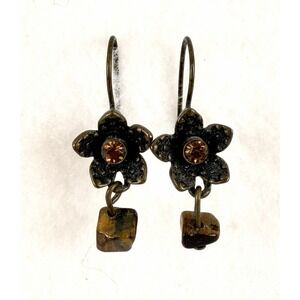 Boho Flower Dangle Earrings Amber Rhinestone Tiger Eye Cube Bead VTG